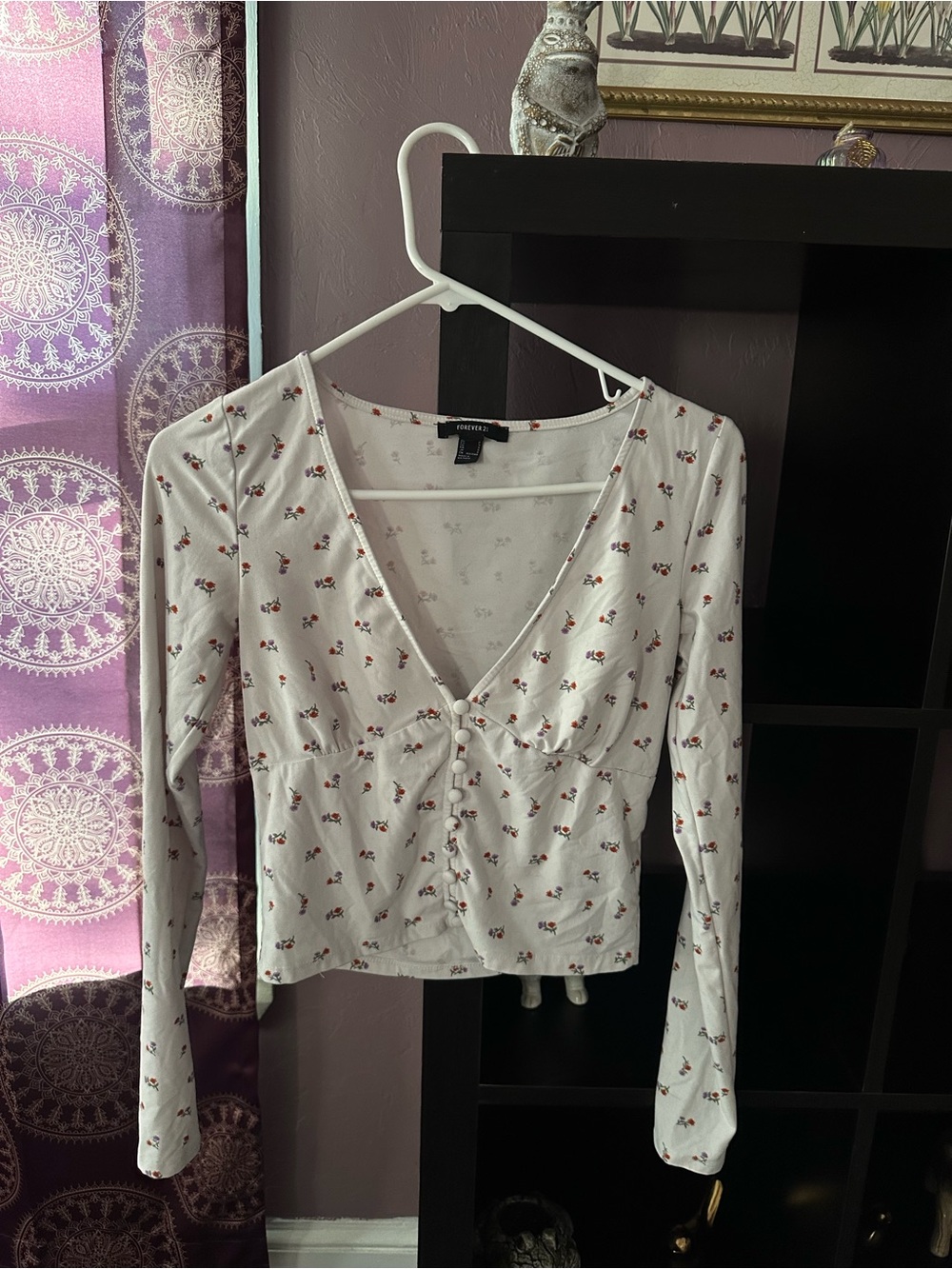 Forever 21 White Long Sleeve V-Neck Top with Red Floral Print